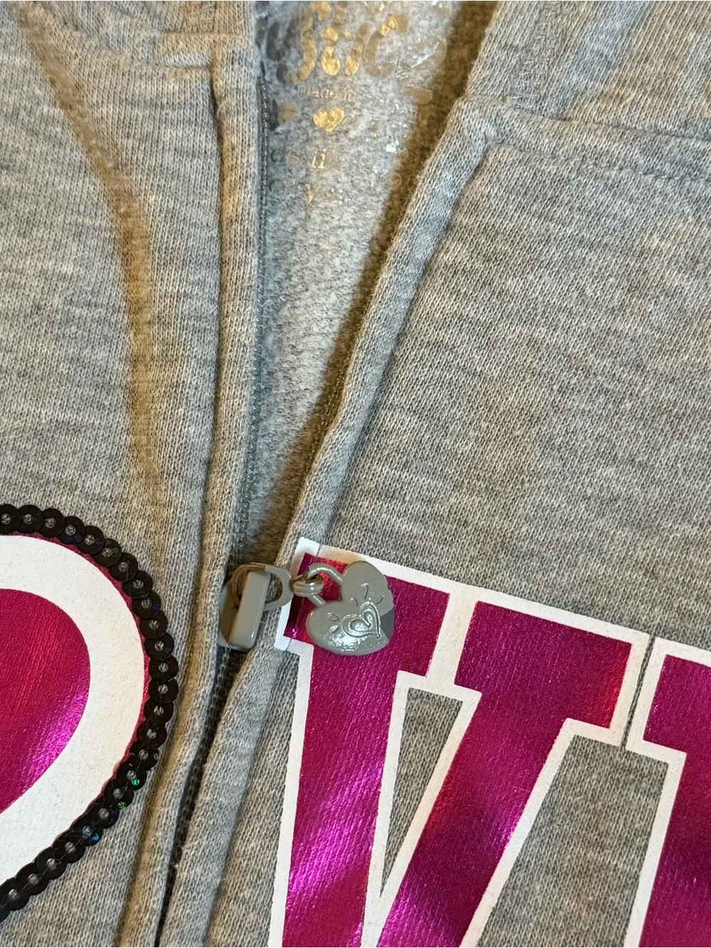 2013 Justice zip up hoodie with pink and black 'LOVE DANCE' graphic size 12